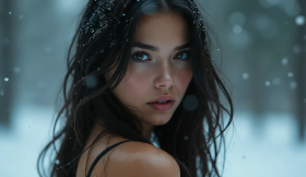 Young woman with dark hair, sprinkled with snowflakes