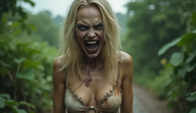 Zombie woman in a natural setting. Her blonde hair is disheveled, her face twisted in a scream of rage